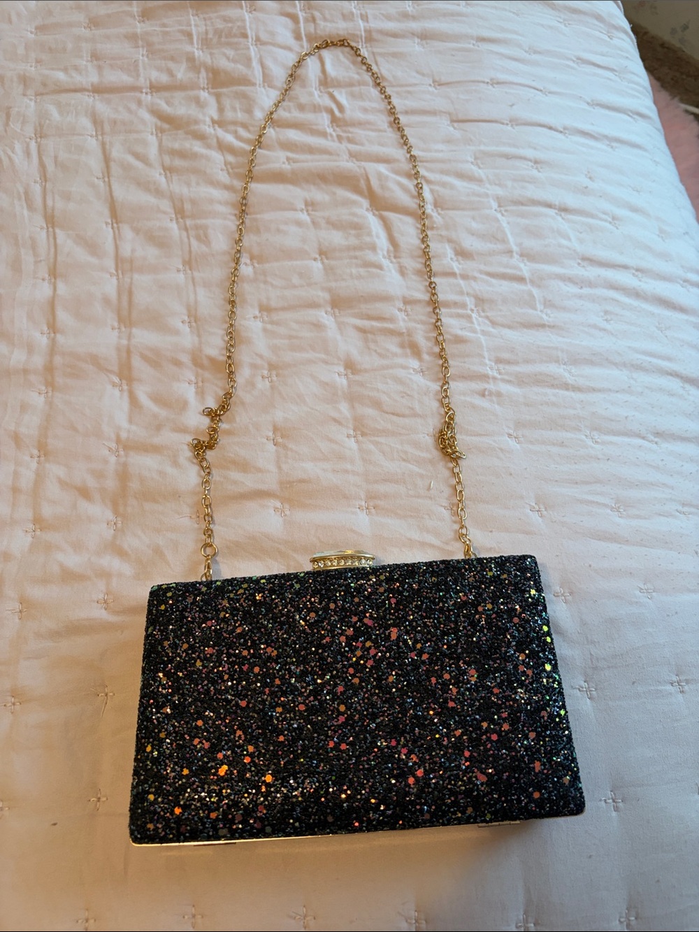 Black Glitter Box Clutch with Gold Chain Strap